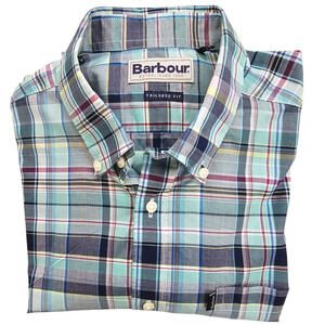 Barbour Shirt Mens Medium Blue Madras Short Sleeve Button Up Tailored Fit Casual